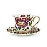 Spode Creatures of Curiosity Collection Leopard Teacup and Saucer Set, White Floral Mug, Gold Fluted...