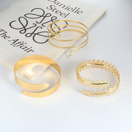 7 قطع من اساور الذراع العلوية من كوينادا - سوار ذراع ذهبي بتصميم قابل للتعديل، تصميمات ثعبان واوراق شجر وريشة مثالية لحفلات الزفاف والحفلات الراقصة والحفلات والارتداء اليومي