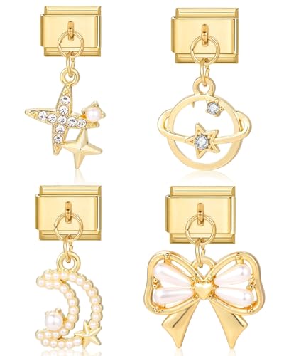 UYRVAPE 4 Piezas Italian Charms Gold Bracelet Set, DIY 9 mm Extraíble Module, Colgantes Estilo Italiano para Mujer, Acero Inoxidable