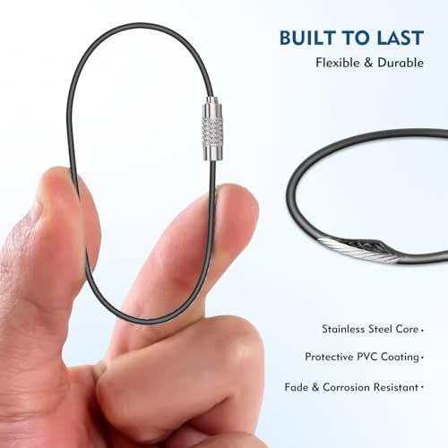 Wire Keychain Cable, 16-Pack Black Stainless Steel Key Rings with Secure Screw Lock, Durable Cable Key Ring for Organization, Large Key Ring for Luggage Tag Loops, Keys & Tools, 5.9 Inch 2mm Diameter - Thumbnail 4