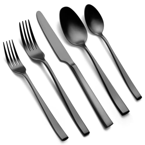 60-teiliges Besteck Schwarz Matt EIUBUIE Premium Edelstahl Besteckset 12 Personen mit Einzigartigen Griffen Modernes Schwarzes Besteck Essbesteck Tafelbesteck mit Messer Gabel Löffel