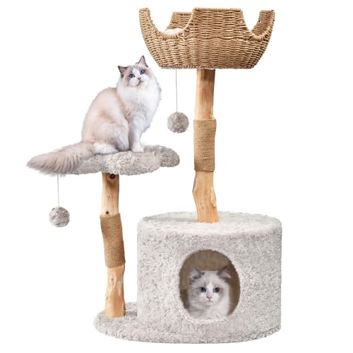 Easyego Modern Cat Tree, Aesthetic Wood Cat Tree Tower for Large Cats, Luxury Cat Condo with Scratching Posts and Flower Platforms, Cat Furniture by Easyego, (Rabbit Hair - Bullet Gray)