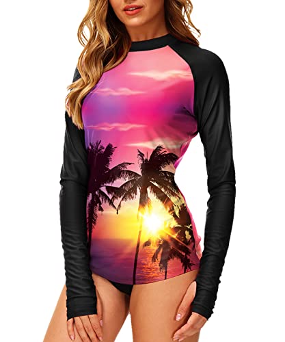 Aobute Women Tropical Rash Guard With Thumb Holes Spf 50 Swim Top Hawaiian Beach Surf Shirt Coconut Tree Pink M #TOP3