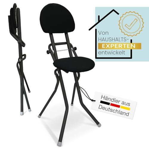 ELONEO Sitzhilfe, Bügelstehhilfe rückenschonend, rutschfest u. platzsparend, 3-Fach höhenverstellbar (58-65 cm), mit Rückenkissen, belastbar bis 120kg, Schwarz 45 x 98 x 47 cm