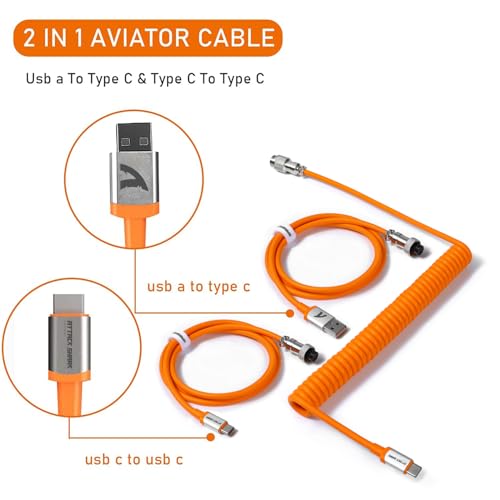 Image of C04 2 in 1 Custom Coiled USB C Cable for Gaming Keyboard-Detachable Double Sleeve Spiral Cable with 5 Pin Aviator Connector for PS4,Xbox-USB A To Type C&Type C To Type C(1.62+3.28inch)-Orange