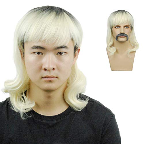 70S 80S Blonde Mens Curly Mullet Wig Black Root Cosplay Tiger King Entertainment Venues Halloween Parties