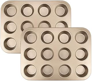 Tebery 2 Pack 12 Muffin Cake Pan Baking Tray, Pudding Baking Pan, Carbon Steel Muffin Cupcake Tin for Muffins, Cupcakes, Non Stick, Deep 5 cm, 35 x 26.5 x 5 cm, Gold