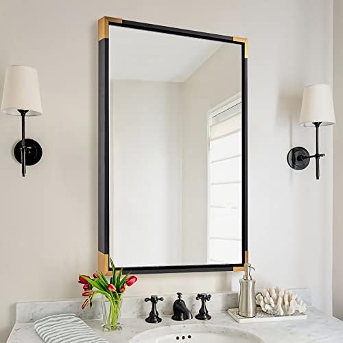 ANDY STAR Black Mirrors for Wall, New Zealand Pine Wood Framed Mirror, 22x30” Rectangle Bathroom Mirror with Gold Metal Corner, Black and Gold Mirror Modern Vanity Mirror Hangs Vertical or Horizontal