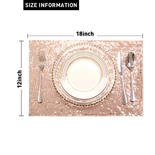 Sequin Placemats Set Of 6, Heat-Resistant Dining Table Mats, Stain-Resistant Kitchen Table Placemats, Elegant Sparkle Placemat For Party Wedding Accent Centerpiece Decoration(Rose Gold, 18" X 12") #TOP4
