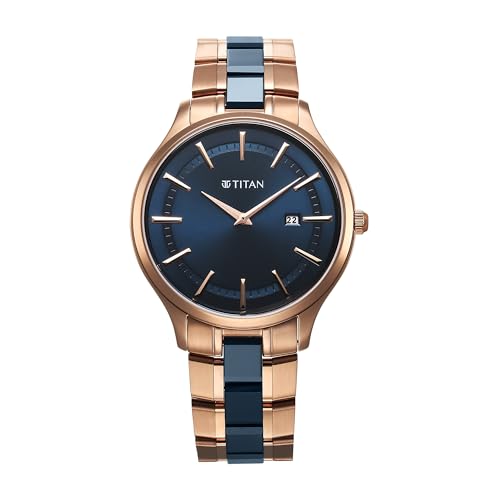 Titan Slim Ceramic Fusion Quartz Analog with Date Blue Dial Stain...