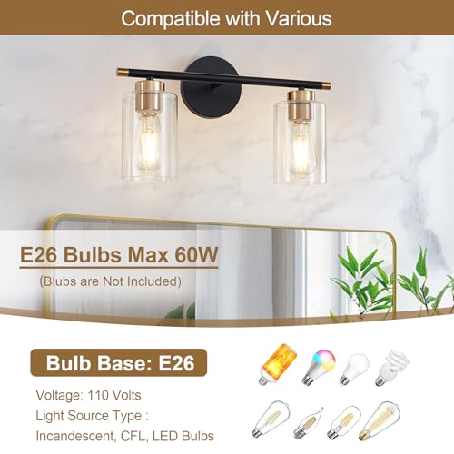 Image of Black Bathroom Light Fixtures, 2-Light Bathroom Vanity Light Over Mirror, Modern Matte Black Wall Sconce Lighting Bath with Clear Glass Shade, Vanity Lights for Mirror Bedroom Living Room
