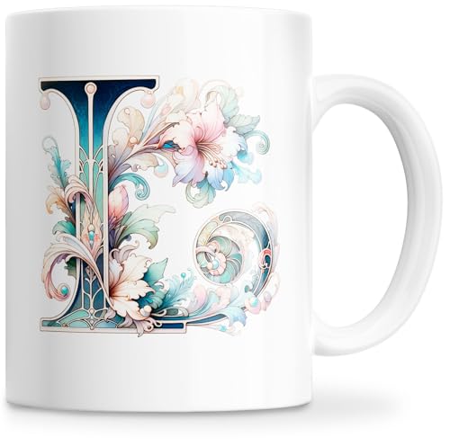 Cheerset Tasse avec Lettre et Initiale – Tasse à Café Alphabet Personnalisé avec Motif Floral – Tasse Personnalisé Mug Cadeau pour Femme, Maman, Dame, Amie – Cadeau Anniversaire, Fête des Mères (L)
