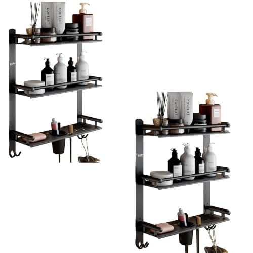 Image of GLOXY Premium Combo Pack of 2 Bathroom Shelf Rack - Black Matte Finish 4-in-1 Stainless Steel Wall Mount Bathroom Soap Rack with Toothbrush Holder - Bathroom Fittings Accessories Set
