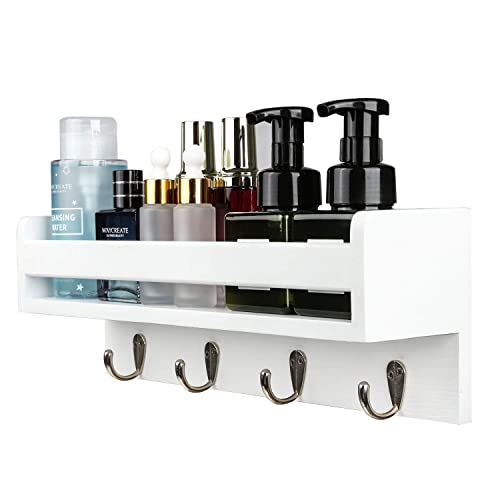 Hoanvi White Wall Key Holder Hooks For Entryway Decor, Wood Wall Mount Shelf For Kitchen Spice Rack Storage, Wall Hanging Book Shelves For Nursery Organizer, Floating Shelves For Bathroom Coat Rack. #TOP2
