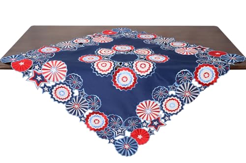 Simhomsen July 4th Patriotic Table Cloth, Navy Blue with Red White Stars Pattern, Embroidered Traditional Style for Indoor Dining Decoration (34" x 34" (Square))