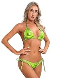 Loodgao Bikini Femme Deux Pièces Mode Brésilienne Curvy Triangle Set Métallique Bikini Maillots De Bain Push Up Costume Femme Vert Fluorescent Taille Unique