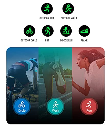 Icons representing various sports modes like outdoor run, walk, cycle, HIIT, indoor run, and plank. Below are images of people engaged in cycling, walking, and running.