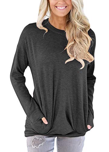 Unidear Women Casual Long Sleeve Round Neck Sweatshirt Loose Blouses Tops with Pocket Dark Grey Medium