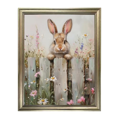 Vintage Framed Wall Art Easter Rabbit on Farmhouse Fence Canvas Print Spring Bunny Nursery Oil Painting for Home Decor