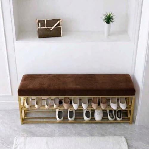 Image of Entryway Shoe Rack with Cushioned Seat, Shoe Bench for Entry, 2 Shelves Storage Bed Bench