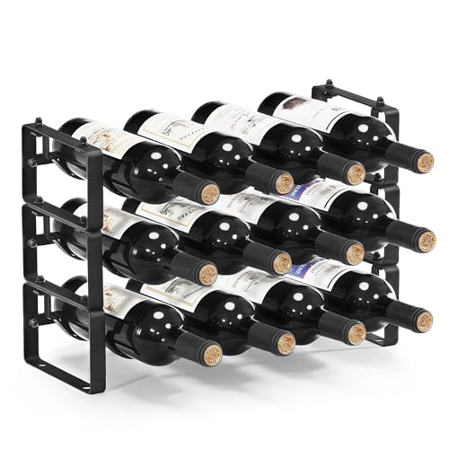 Stackable Countertop Wine Rack, 12 Wine Bottles Holder for Inside Cabinet | ICOHOT Small Tabletop Wine Holder Stand for Pantry Bar, 3-Tier Angle Adjustable Wine Bottle Rack for Tight Spaces
