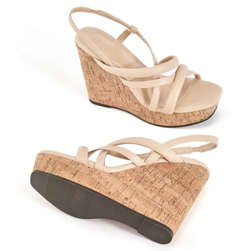 Image of Coutgo Women Platform Wedge Sandals Cork Slingback Wedges Espadrilles Heels Summer Shoes