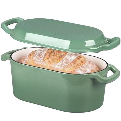 VORRINGARD Oval Dutch Oven Pot with Lid, Enamel Coating Cast Iron Bread Pans for Homemade Sourdough Bread Baking, Cooking, 4 Quart, Sage Green