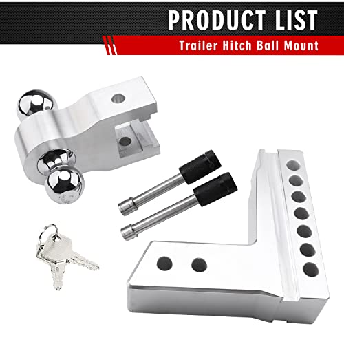 Yizbap Aluminum Adjustable Trailer Hitch, Fits 2.5" Receiver, 6" Drop/Rise Drop Hitch, 18500 Lbs Gtw, Tow Hitch, 2" And 2-5/16" Dual Towing Ball With Double Stainless Steel Locks #TOP5
