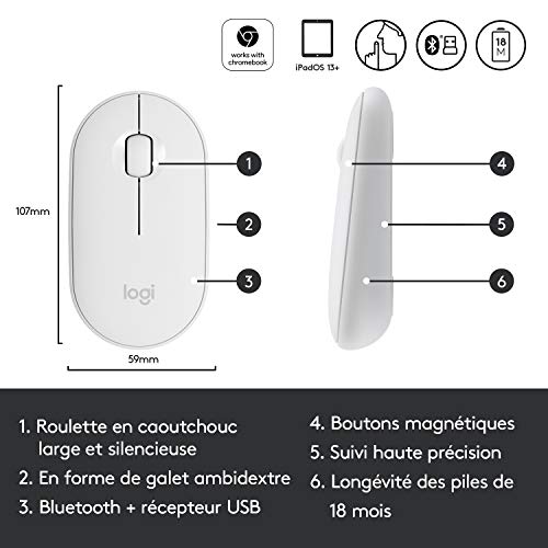 Logitech M350 Pebble Sans Fil, Bluetooth ou 2,4 GHz avec Mini Récepteur USB, Souris pour Ordinateur avec Clic Sliencieux, Portable/Notebook/PC/Mac/iPad OS - Blanche