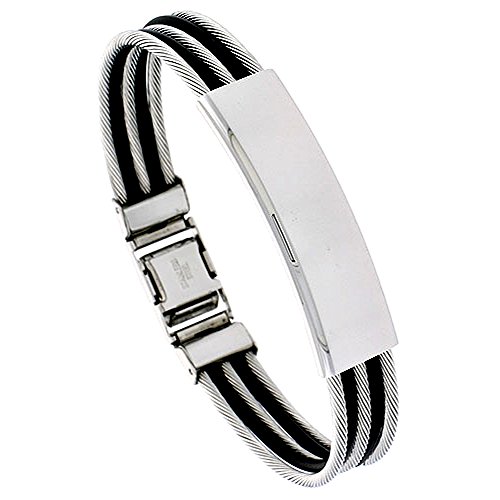 Sabrina Silver Stainless Steel Cable Bracelet Id Plate Black Rubber Accent, 8 Inch Long #TOP7