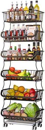 ALPHYSE Fruit Basket for Kitchen, Wire Baskets for Fruit and Vegetable Storage, 6 Tier Stackable Baskets with Wheels and Anti-Skid Feet for Kitchen, Pantry, Bathroom