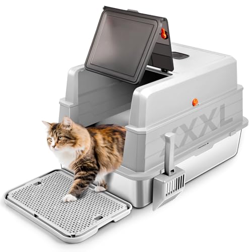 Bartuke XXXL Stainless Steel Litter Box with Lid, Extra Large 28" L x 20" W x 17" H Enclosed Metal Cat Litter Box with Litter Scoop & Foot Pedal, Odor Control for Big Cats, Multiple Cats (Light Grey)