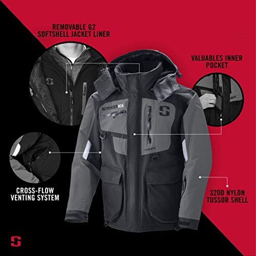 StrikerICE Men's Climate Jacket, Fishing Gear for Cold-Weather Conditions, Sureflote Technology, L, Black/Gray