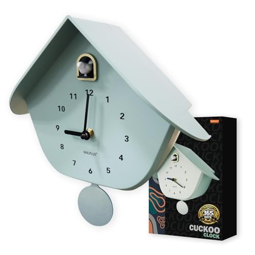 WALPLUS Minty Green Pastel Cuckoo Wall Clock 32.4 x 32.5 cm Battery Operated Clock with Bird Pendulum and Chime for Living Room Kitchen Bedroom