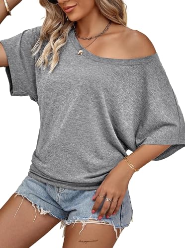 Image of Hilinker Womens Sexy Off The Shoulder Tops Short Batwing Sleeve T Shirt Oversized Casual Tee