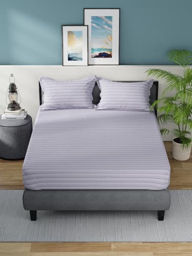 Image of NAUTICA Super Soft 100% Cotton King Bedsheet with 2 Pillow Covers -3pc Set (Bradford) | 160TC | Super Soft Touch Stripe-Grey /Blue