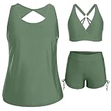 ZWDC Tankini Damen Bauchweg 3 Teilig Badeanzug mit Shorts Streifen Bikini Oberteil und Lockeres Schwimmshirt Tank Top Set für Strand Pool Urlaub Outdoor Wassersport