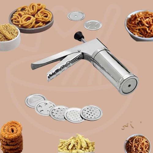 Image of ADIMORA‎ Stainless Steel 15-in-1 Kitchen Press Sev Sancha with 15 Jali Discs - Murukku, Chakli, Sev, Bhujia, Gathiya & Idiyappam Maker | Noodles & Cookie Press | Heavy Duty Snack Maker...