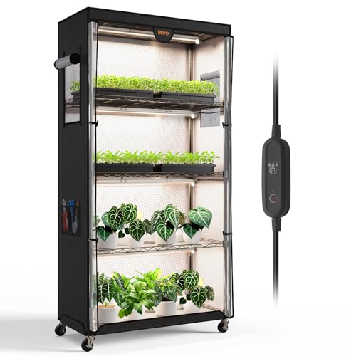 Bstrip Indoor Greenhouse with Grow Light, Plant Stand with 4 Pack 5000K Full Spectrum Plant Lights , Plant Shelf with Tent for Indoor Plant, Seed Starting, Seed Tray, 29.5
