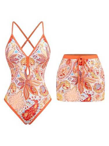 Image of ZAFUL Women's One Piece Swimsuit with Skirt V Neck Colorblock Bathing Suit | Front Cut Out Swimsuit Criss Cross One Piece Bathing Suit