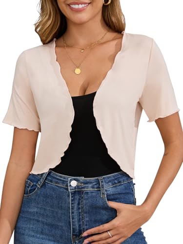 Image of Women Summer Short Sleeve Shrug Cropped Wave Edge Open Front Capes Lightweight Bolero Shrug Cardigan