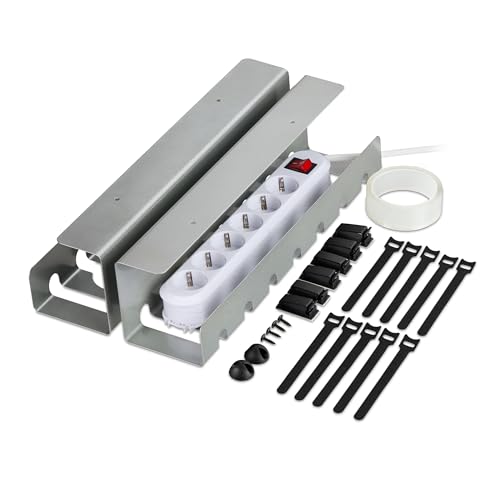 Relaxdays Desk Cable Tidy, Set of 2, Wire Management, 10 x 43 x 10 cm, Under Table Tray, Mounting Accessories, Silver, Steel