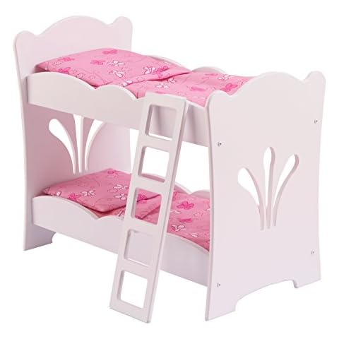 KidKraft 60130 Lil' Doll Bunk Bed Wooden Bunk Bed with Pink Bedding, Bedroom Furniture Accessory for 45 cm/18 Inch Dolls, White Cover