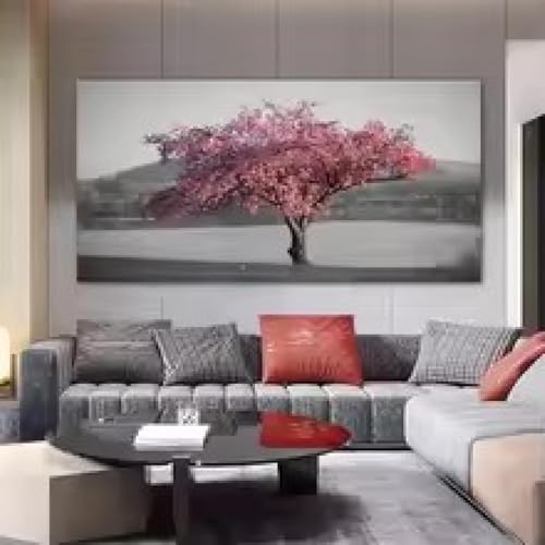 Peinture de paysage arbres fleurs roses grande toile salon moderne 60x120