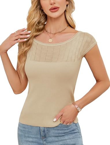 Image of ZAFUL Womens Summer Tops 2025 Off The Shoulder Cap Sleeve Ribbed Knit Trendy Slim Fit Going Out Shirts Lightweight Sweaters