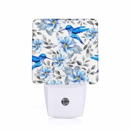 Image of LED Night Light Lamp with Smart Sensor Dusk to Dawn Sensor,Blue Flowers and Hummingbirds Pattern Night Light Daylight White,0.5W Plug-into Wall for Adults,Bedroom,Bathroom,Hallway,Kitchen