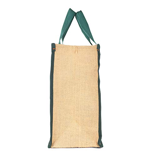 Image of DOUBLE R BAGS Laminated Jute Reusable Shopping Bags Kitchen Essentials Grocery Vegetable Lunch Carry Bag With Full Handles Multi-purpose Bag Stylish Designs (Green) Pack of 2