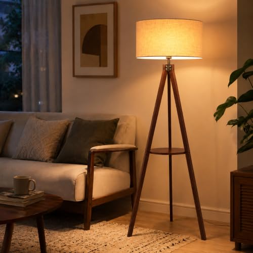 Lámpara de pie de madera de diseño nórdico con pantalla textil para salón moderno