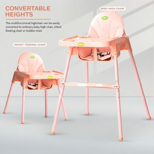Image of Baybee 2 in 1 Baby High Chair for Kids, Baby Feeding Chair with 2 Height Adjustable, Footrest, Tray, Mobile Stand, 3 Point Safety Belt | Kids High Chair for 6 Months to 3 Years (Pink)
