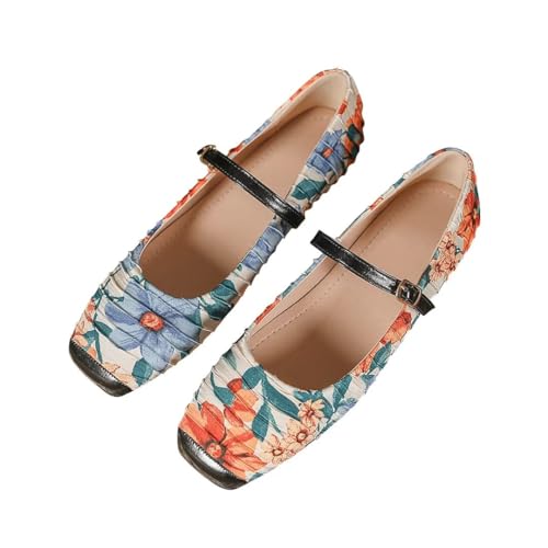 Stunner Women's Black Flats Fashion Square Toe Flat Shoes Soft Slip On Mary Jane Flats Flower 40(8) 2